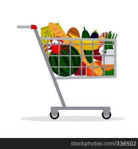 Shopping cart icon. Supermarket shopping cart in flat style with food. Vector illustration. Supermarket shopping cart