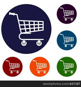 Shopping cart icons set in flat circle reb, blue and green color for web. Shopping cart icons set