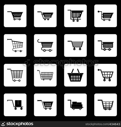 Shopping cart icons set in white squares on black background simple style vector illustration. Shopping cart icons set squares vector