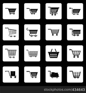 Shopping cart icons set in white squares on black background simple style vector illustration. Shopping cart icons set squares vector