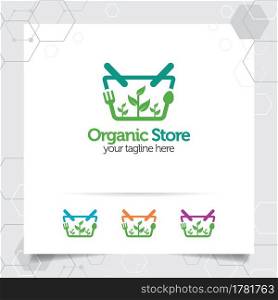 Shopping cart logo design concept of online shop icon and organic vegetable vector used for merchant, e-commerce, and supermarket.