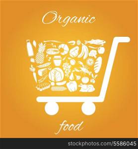 Shopping cart made of fruits vegetables meat and grocery healthy organic food concept vector illustration