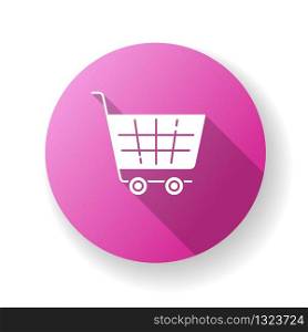 Shopping cart pink flat design long shadow glyph icon. Supermarket trolley. Online shop purchase. Convenience store basket. Buy product. Trade and commerce symbol. Silhouette RGB color illustration