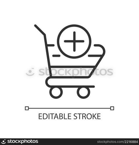 Shopping cart pixel perfect linear icon. Selected items in basket. Website interface. Online shopping. Thin line illustration. Contour symbol. Vector outline drawing. Editable stroke. Arial font used. Shopping cart pixel perfect linear icon