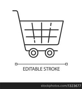 Shopping cart pixel perfect linear icon. Supermarket trolley. Online shop purchase. Thin line customizable illustration. Contour symbol. Vector isolated outline drawing. Editable stroke