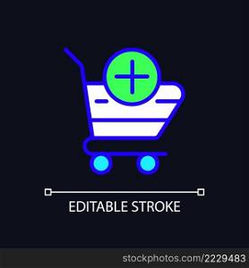 Shopping cart pixel perfect RGB color icon for dark theme. Selected items in basket. Website interface. Simple filled line drawing on night mode background. Editable stroke. Arial font used. Shopping cart pixel perfect RGB color icon for dark theme