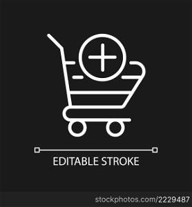 Shopping cart pixel perfect white linear icon for dark theme. Selected items in basket. Online shopping. Thin line illustration. Isolated symbol for night mode. Editable stroke. Arial font used. Shopping cart pixel perfect white linear icon for dark theme