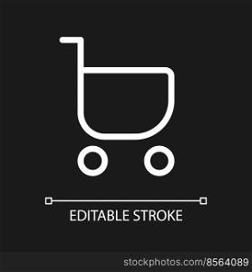Shopping cart pixel perfect white linear ui icon for dark theme. Purchase products from shop. Vector line pictogram. Isolated user interface symbol for night mode. Editable stroke. Arial font used. Shopping cart pixel perfect white linear ui icon for dark theme