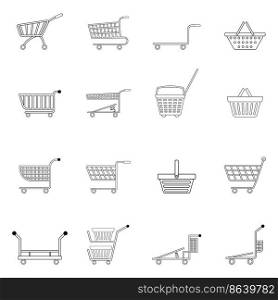 Shopping cart set icons in outline style isolated on white background. Shopping cart icon set outline