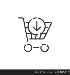 Shopping cart thin line icon. Down arrow. Isolated outline commerce vector illustration