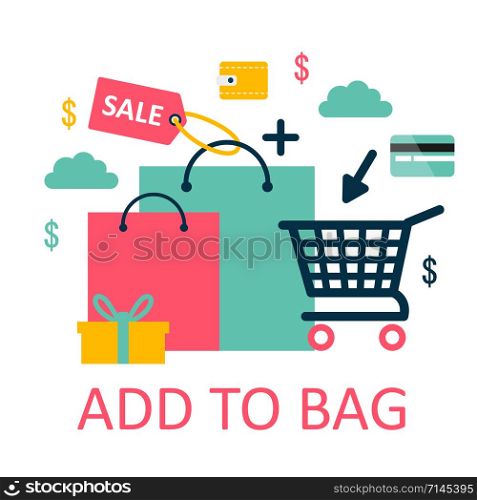 Shopping cart vector shop pushcart trolley shopper or carter with empty basket and bag. Shopping cart vector shop pushcart trolley shopper or carter with empty basket and bag buy in store illustration isolated on white