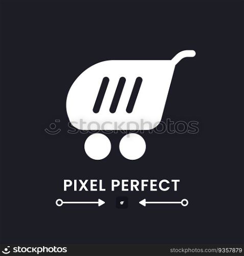 Shopping cart white solid desktop icon. Web store. E commerce. Digital marketplace. Pixel perfect, outline 4px. Silhouette symbol for dark mode. Glyph pictogram. Vector isolated image. Shopping cart white solid desktop icon