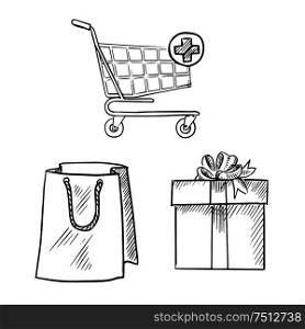 Shopping cart with add button, paper shopping bag and gift box with ribbon bow. Sketch symbols for shopping and commerce design. Shopping cart, gift box and shopping bag sketches