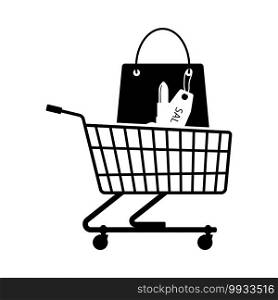 Shopping Cart With Bag Of Cosmetics Icon. Black Glyph Design. Vector Illustration.