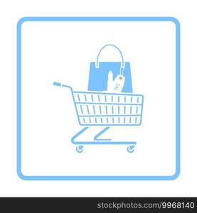Shopping Cart With Bag Of Cosmetics Icon. Blue Frame Design. Vector Illustration.