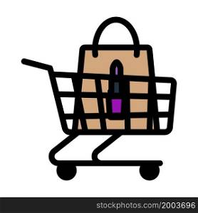 Shopping Cart With Bag Of Cosmetics Icon. Editable Bold Outline With Color Fill Design. Vector Illustration.