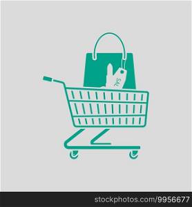 Shopping Cart With Bag Of Cosmetics Icon. Green on Gray Background. Vector Illustration.