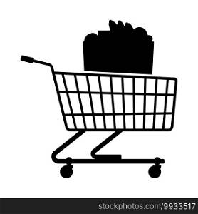Shopping Cart With Bag Of Food Icon. Black Glyph Design. Vector Illustration.