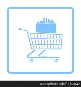 Shopping Cart With Bag Of Food Icon. Blue Frame Design. Vector Illustration.