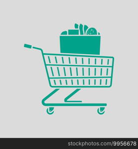 Shopping Cart With Bag Of Food Icon. Green on Gray Background. Vector Illustration.