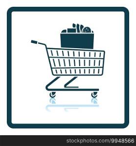 Shopping Cart With Bag Of Food Icon. Square Shadow Reflection Design. Vector Illustration.