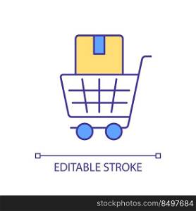 Shopping cart with box RGB color icon. Wholesale offer. Business and commerce. Customer service. Isolated vector illustration. Simple filled line drawing. Editable stroke. Arial font used. Shopping cart with box RGB color icon
