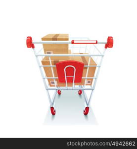 Shopping Cart With Boxes Realistic Image . Supermarket coated wire shopping cart with cardboard boxes for packing goods realistic image white background icon vector illustration