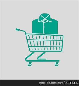 Shopping Cart With Clothes  Shirt  Icon. Green on Gray Background. Vector Illustration.