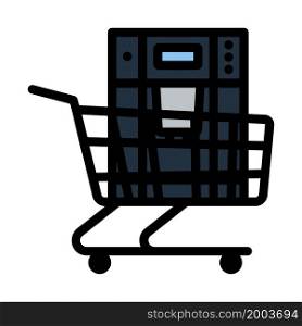 Shopping Cart With Cofee Machine Icon. Editable Bold Outline With Color Fill Design. Vector Illustration.