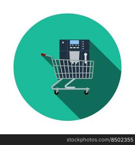 Shopping Cart With Cofee Machine Icon. Flat Circle Stencil Design With Long Shadow. Vector Illustration.