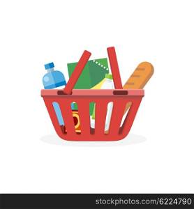 Shopping cart with food design flat. Food and shopping cart icon, shopping bag basket, buy icon, supermarket shop cart, basket cart, commerce purchase grocery vector illustration