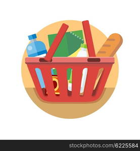 Shopping cart with food design flat. Shopping bag basket, buy icon, supermarket shop cart, basket cart, commerce purchase grocery vector illustration