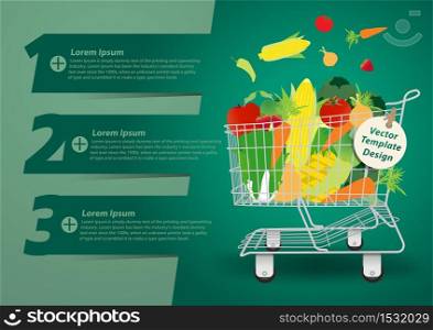 Shopping cart with fruits and vegetables, With Modern Design template / infographics / numbered banners, Vector presentation with letters numbers