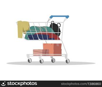 Shopping cart with garbage semi flat RGB color vector illustration. Dirty things in container. Pushcart full of ragged rabbish. Trolley of homeless person isolated cartoon object on white background. Shopping cart with garbage semi flat RGB color vector illustration