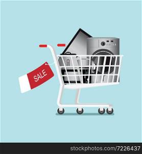 Shopping cart with home appliances and electronics. Sale web site page and mobile app design. vector illustration.