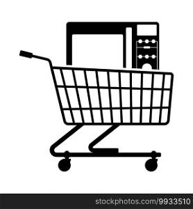 Shopping Cart With Microwave Oven Icon. Black Glyph Design. Vector Illustration.