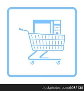 Shopping Cart With Microwave Oven Icon. Blue Frame Design. Vector Illustration.