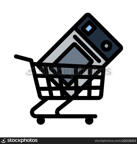 Shopping Cart With Microwave Oven Icon. Editable Bold Outline With Color Fill Design. Vector Illustration.