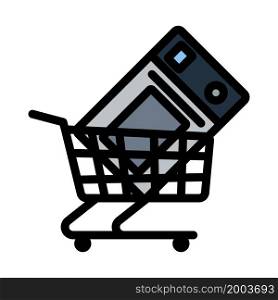Shopping Cart With Microwave Oven Icon. Editable Bold Outline With Color Fill Design. Vector Illustration.
