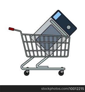 Shopping Cart With Microwave Oven Icon. Editable Outline With Color Fill Design. Vector Illustration.