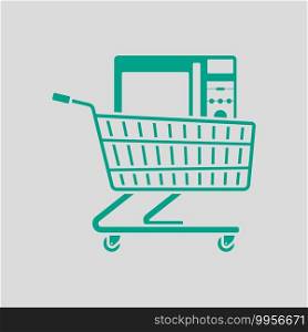 Shopping Cart With Microwave Oven Icon. Green on Gray Background. Vector Illustration.
