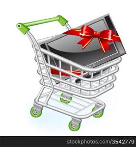 Shopping cart with new widescreen monitor or tv with red bow