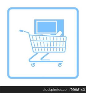 Shopping Cart With PC Icon. Blue Frame Design. Vector Illustration.