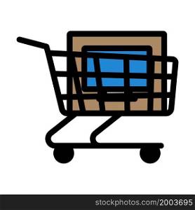 Shopping Cart With PC Icon. Editable Bold Outline With Color Fill Design. Vector Illustration.