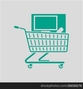 Shopping Cart With PC Icon. Green on Gray Background. Vector Illustration.