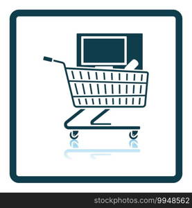 Shopping Cart With PC Icon. Square Shadow Reflection Design. Vector Illustration.