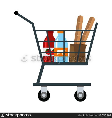 Shopping Cart with Products. Shopping cart with different products in flat. Shopping cart with various groceries. Supermarket cart with milk, yogurt and bread. Side view. Isolated vector illustration on white background.
