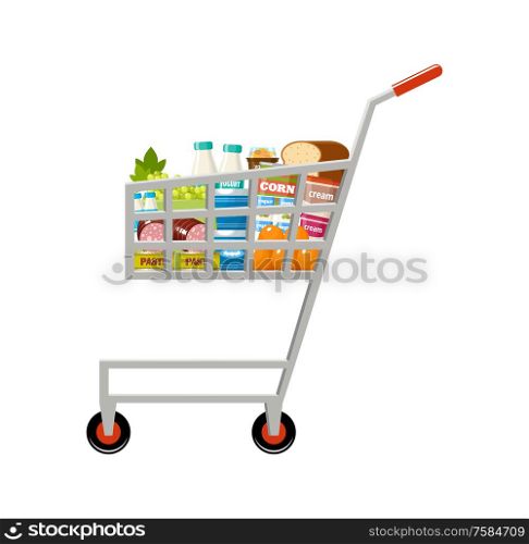 Shopping cart with products. Supermarket. Vector illustration