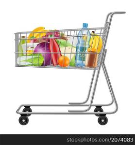 Shopping cart with products. Supermarkets grocery full bags with fresh products decent vector illustrations. Supermarket or store full cart with purchase. Shopping cart with products. Supermarkets grocery full bags with fresh products decent vector illustrations