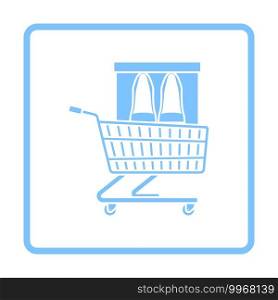 Shopping Cart With Shoes In Box Icon. Blue Frame Design. Vector Illustration.